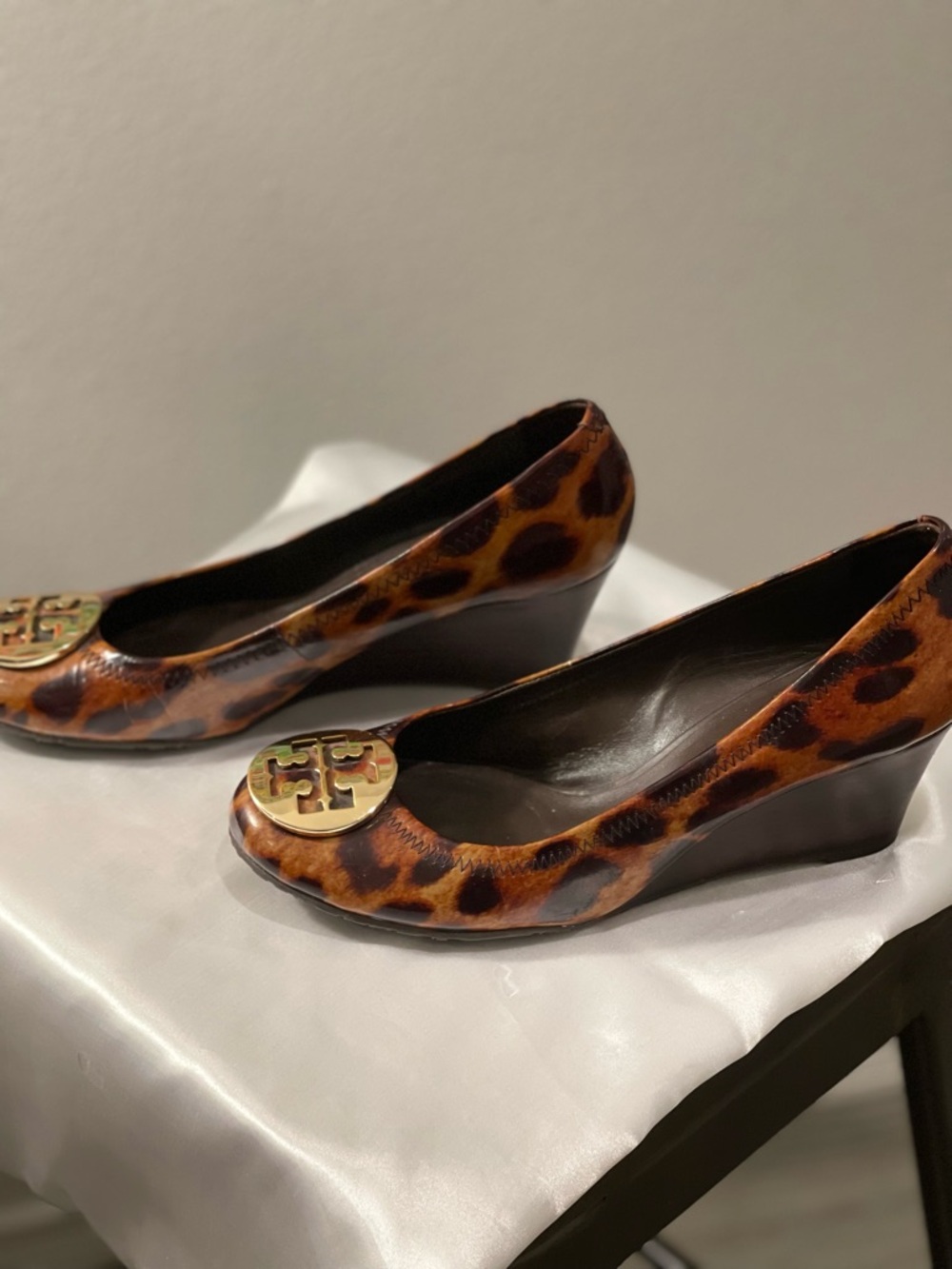 Tory Burch Leopard-Print Leather Wedge Pumps with Gold Logo